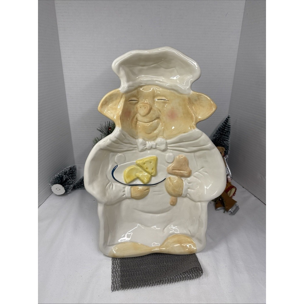Cooks Club Platter Pig In Chef's Attire Motif Embossed Ceramic 14.5"x10"x2"